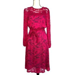 Nikki Poulos Lace Magenta Pink Floral & Blue Lining Size M Stretch Midi Dress